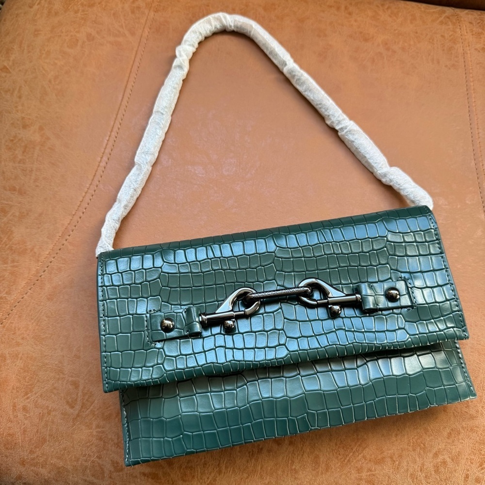REBECCA MINKOFF LOU CROC EMBOSSED CLUTCH BOTTLE GREEN W GUNMETAL HARDWARE NWT